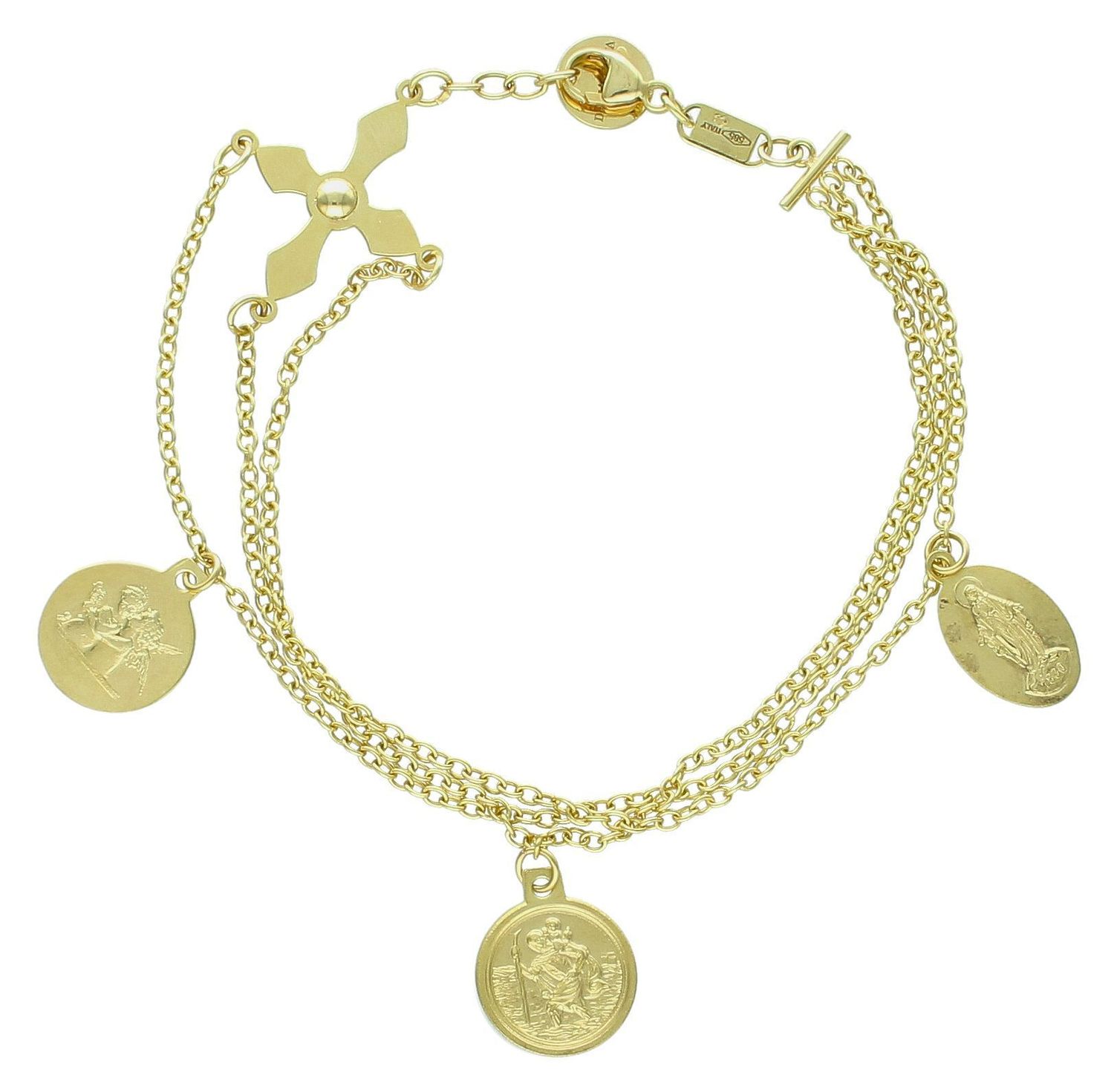 Bransoletka złota z medalikami pr 585, DIA-BRA-D5Z02220 MOD Złota bransoletka damska celebrytka ozdobiona z trzema wiszącymi medalikami i krzyżem. Ponadczasowa, klasyczna biżuteria, w której harmonijne1.jpg